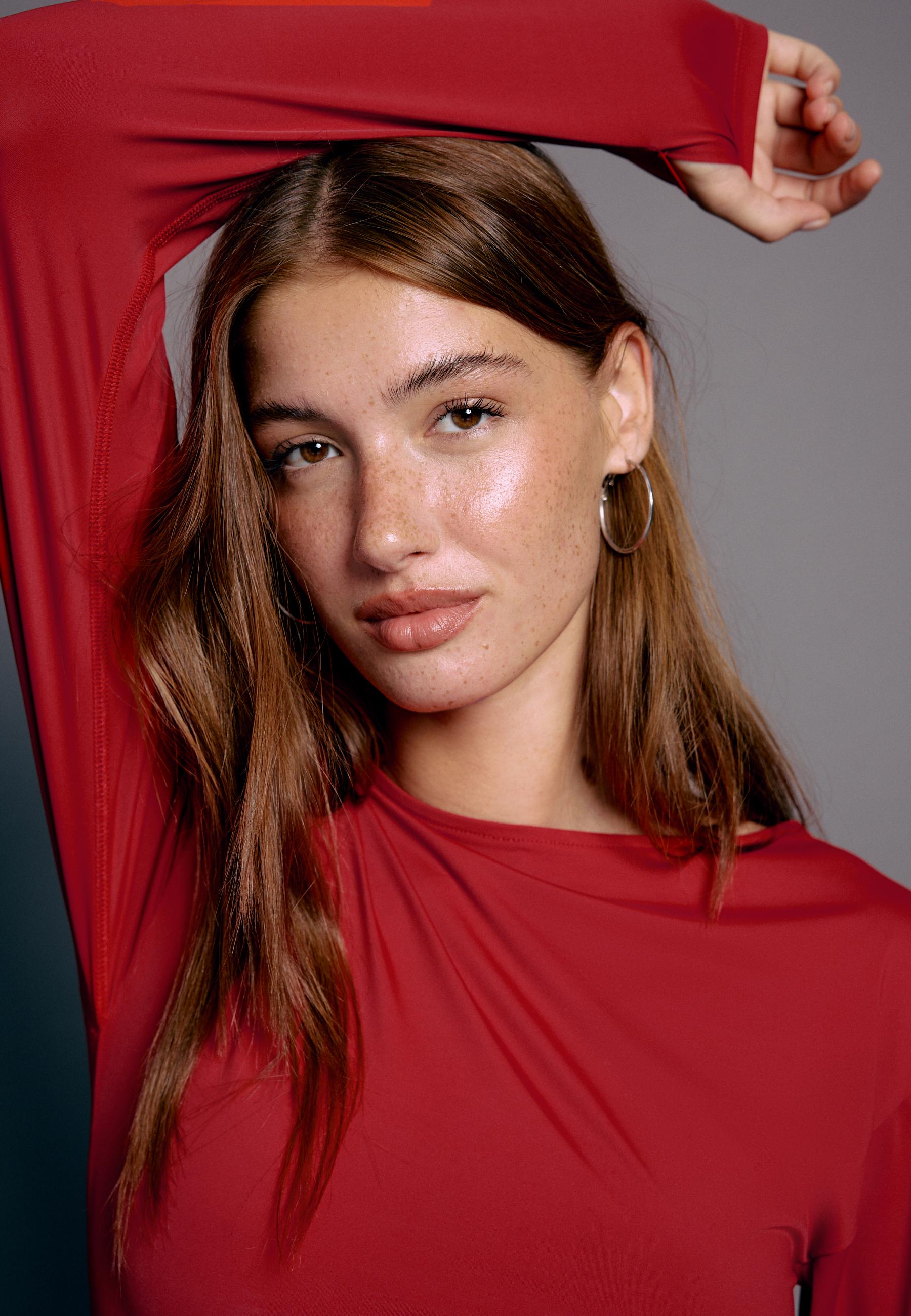 Long sleeve gathered polyamide T-shirt — Red