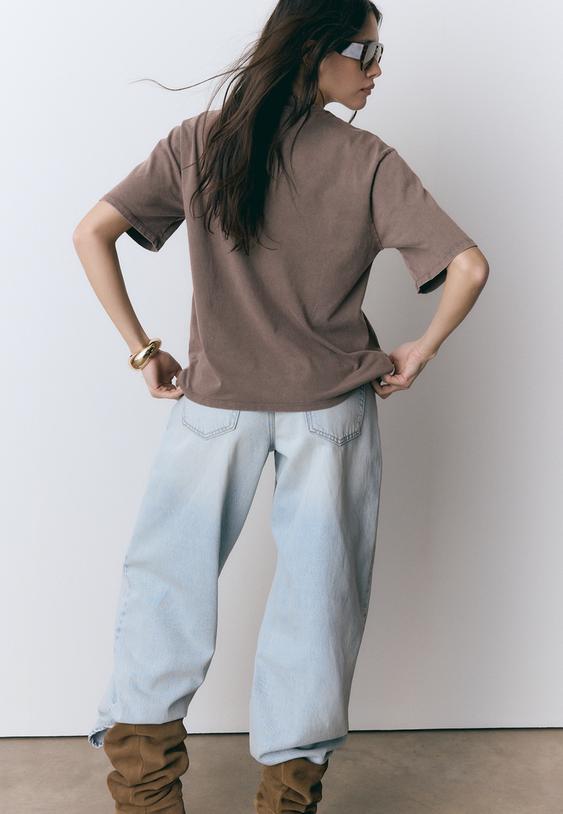 Stradivarius Κοντομάνικη Μπλούζα Με Τύπωμα Καφέ L