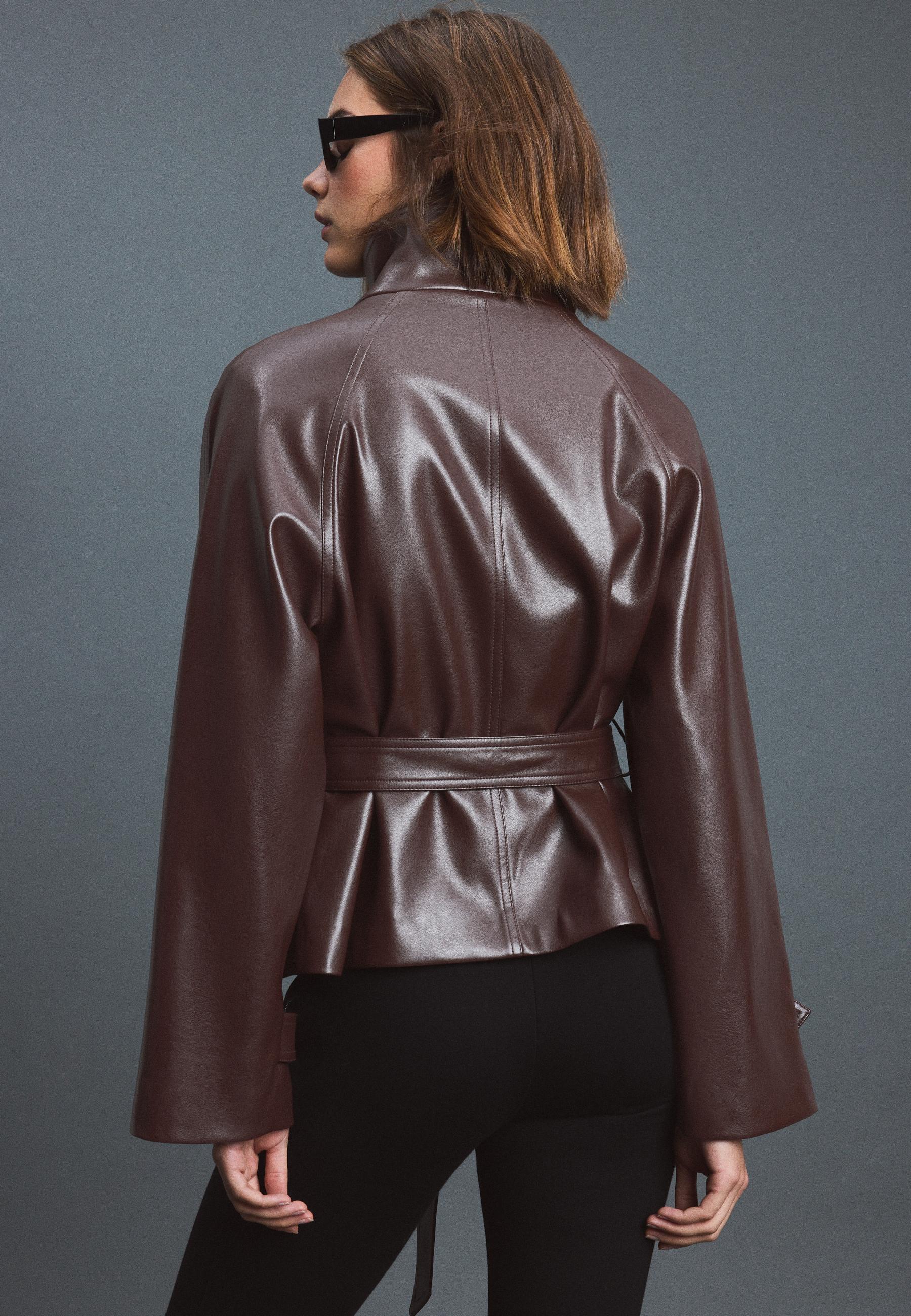 High neck leather effect trench coat — Brown
