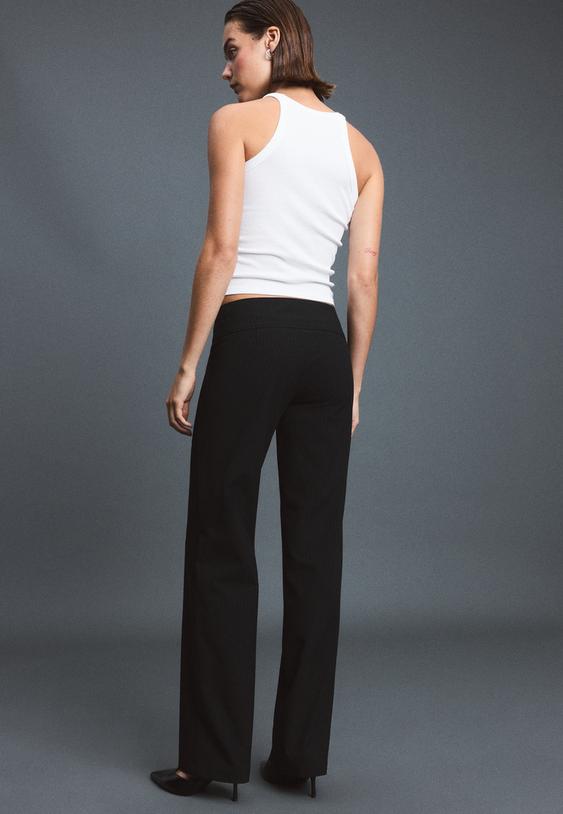 Stradivarius Striped Straight Trousers With Buckle Detail Black 8
