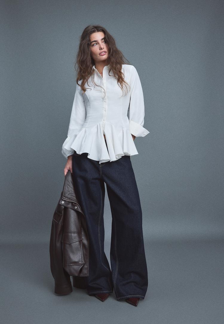 Stradivarius Cămașă Din Poplin Cu Volane Alb Xl