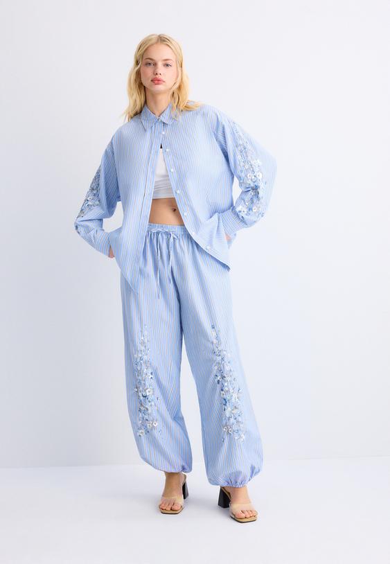 Stradivarius Blouse Met Geborduurde Mouwen Hemelsblauw Xl