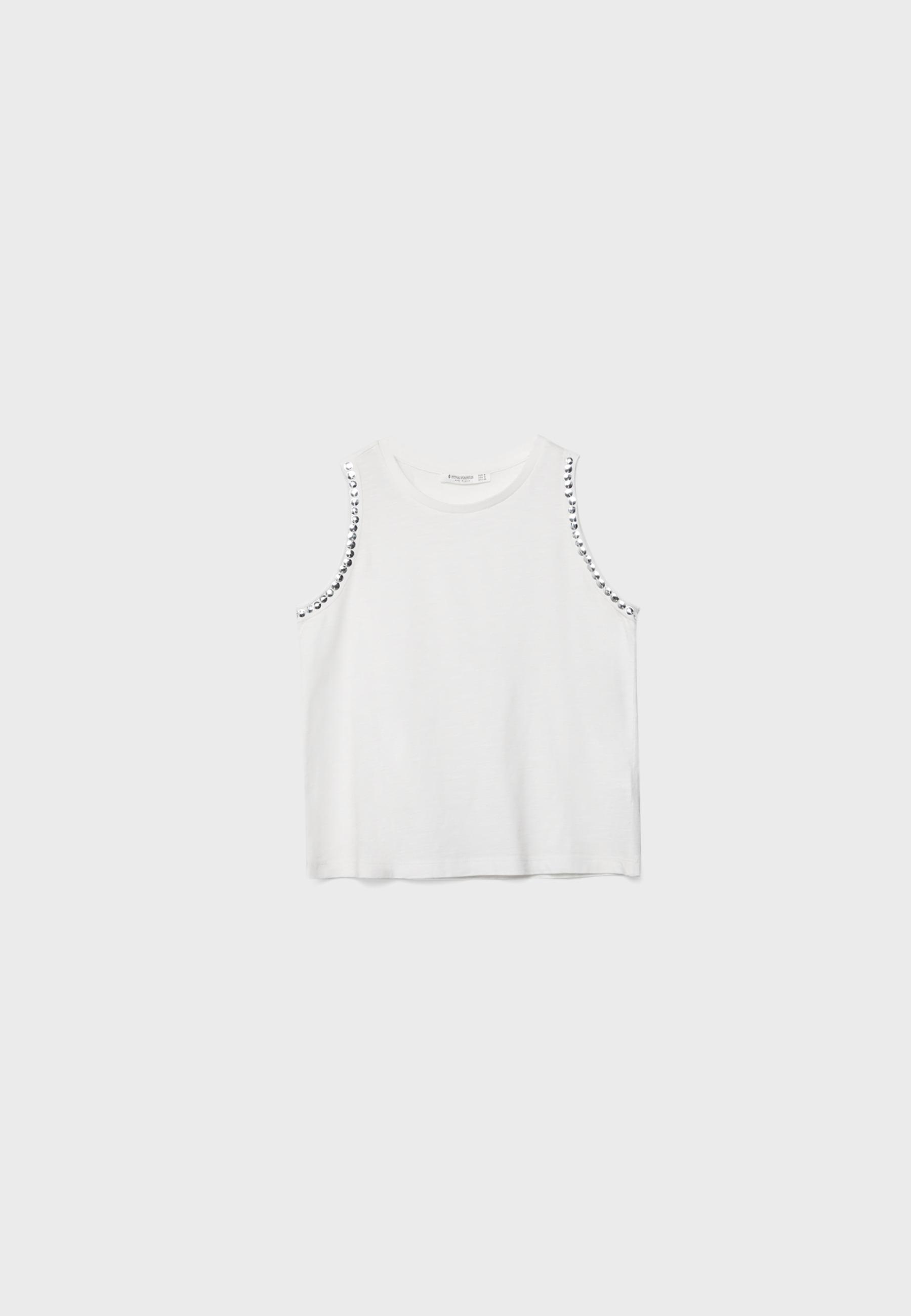 Sleeveless T-shirt with stud embroidery — Ecru
