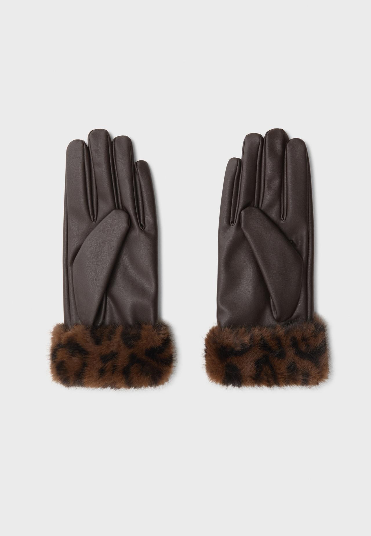Animal print faux fur gloves — Brown