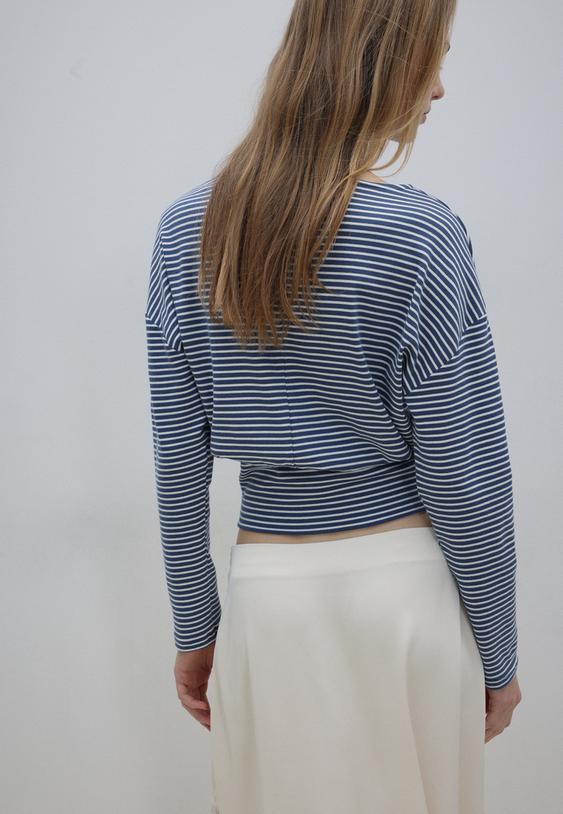 Stradivarius Long Sleeve Boat Neck T-Shirt With Striped Sash Navy Blue L