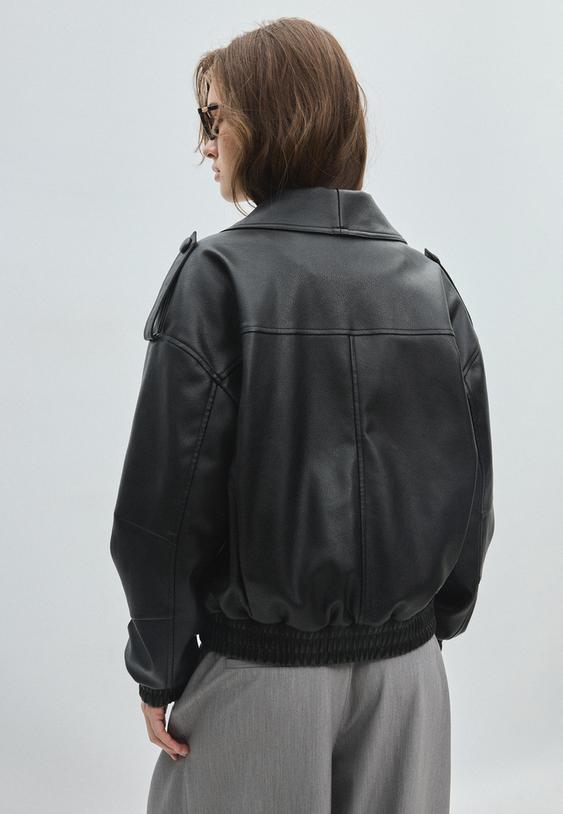 Stradivarius Quilted Leather Effect Boxy Jacket Black Xs