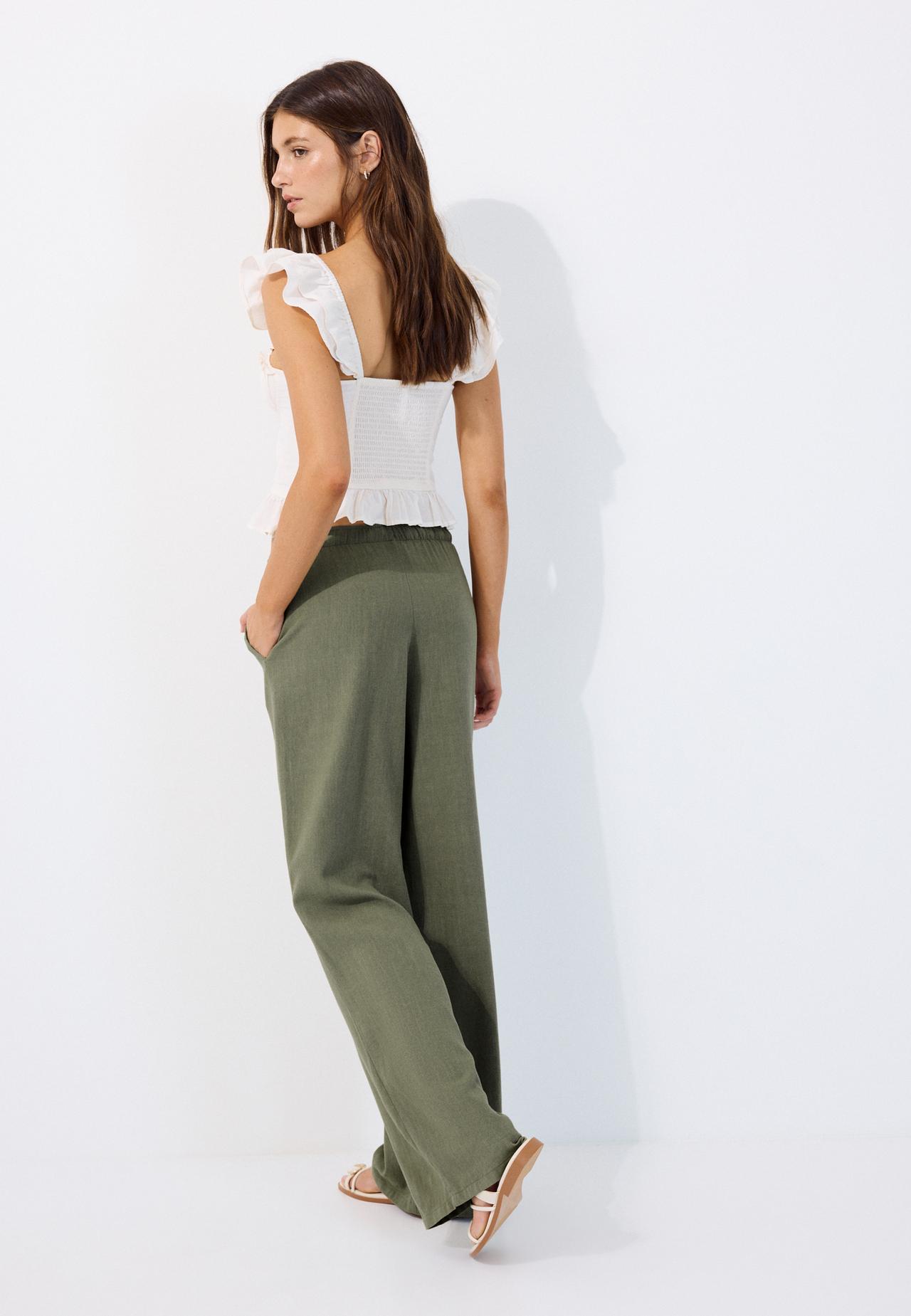 Straight-leg linen-effect trousers — Khaki