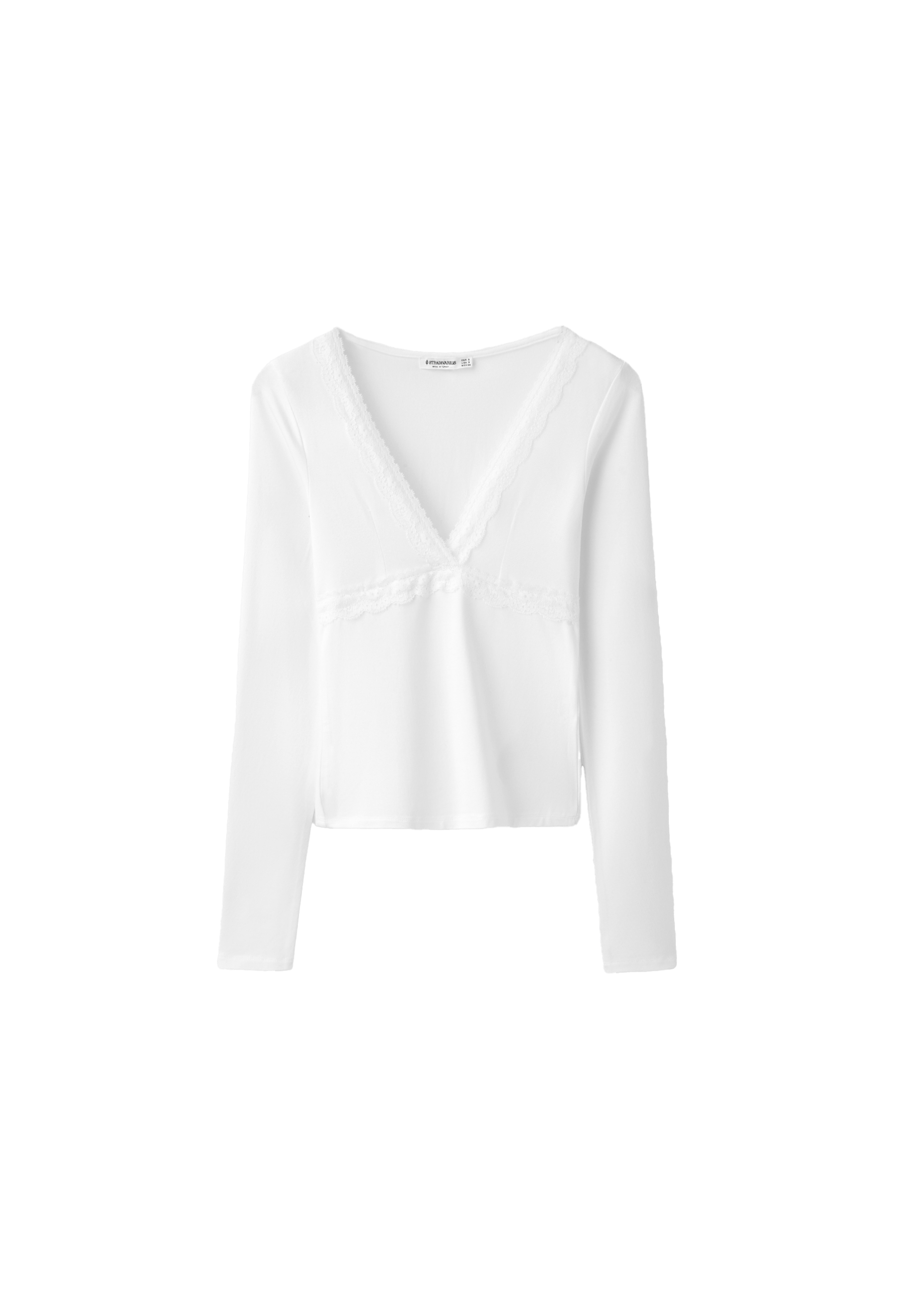 Stradivarius Dantel detaylı uzun kollu V yaka t-shirt görsel 5