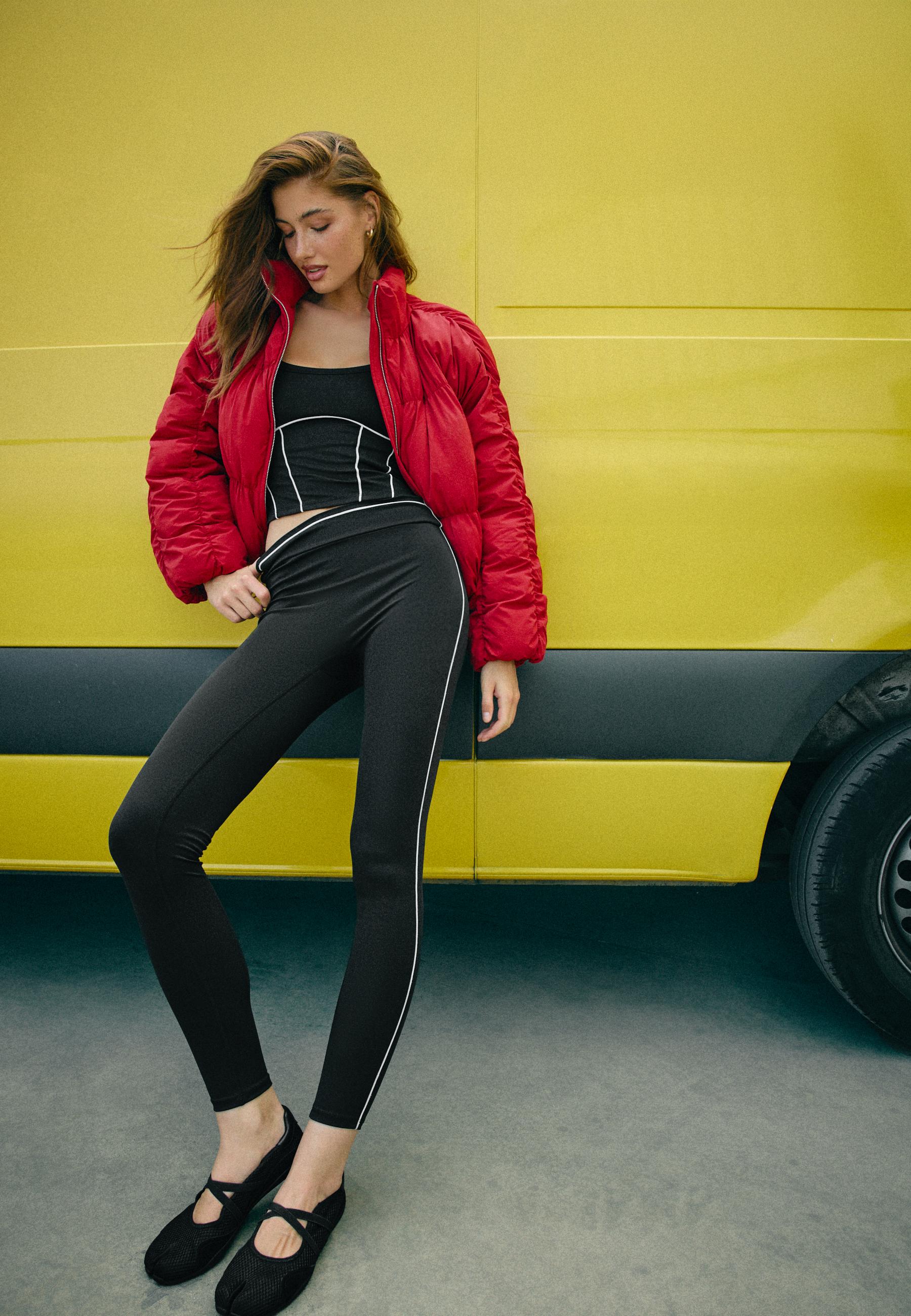 Padded jacket with high neck and gathered detail — Dark red