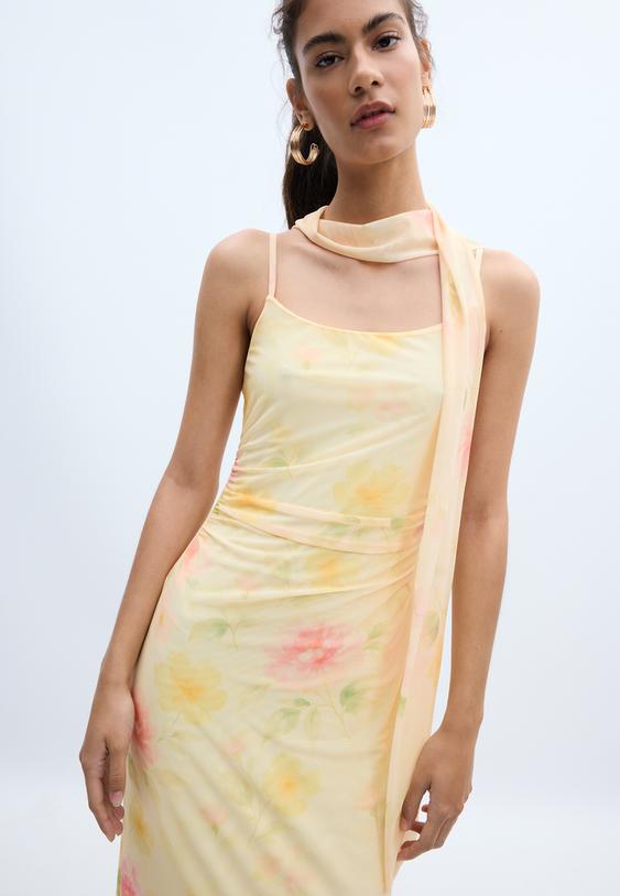 Desenli tül fularlı midi elbise - Görsel 4