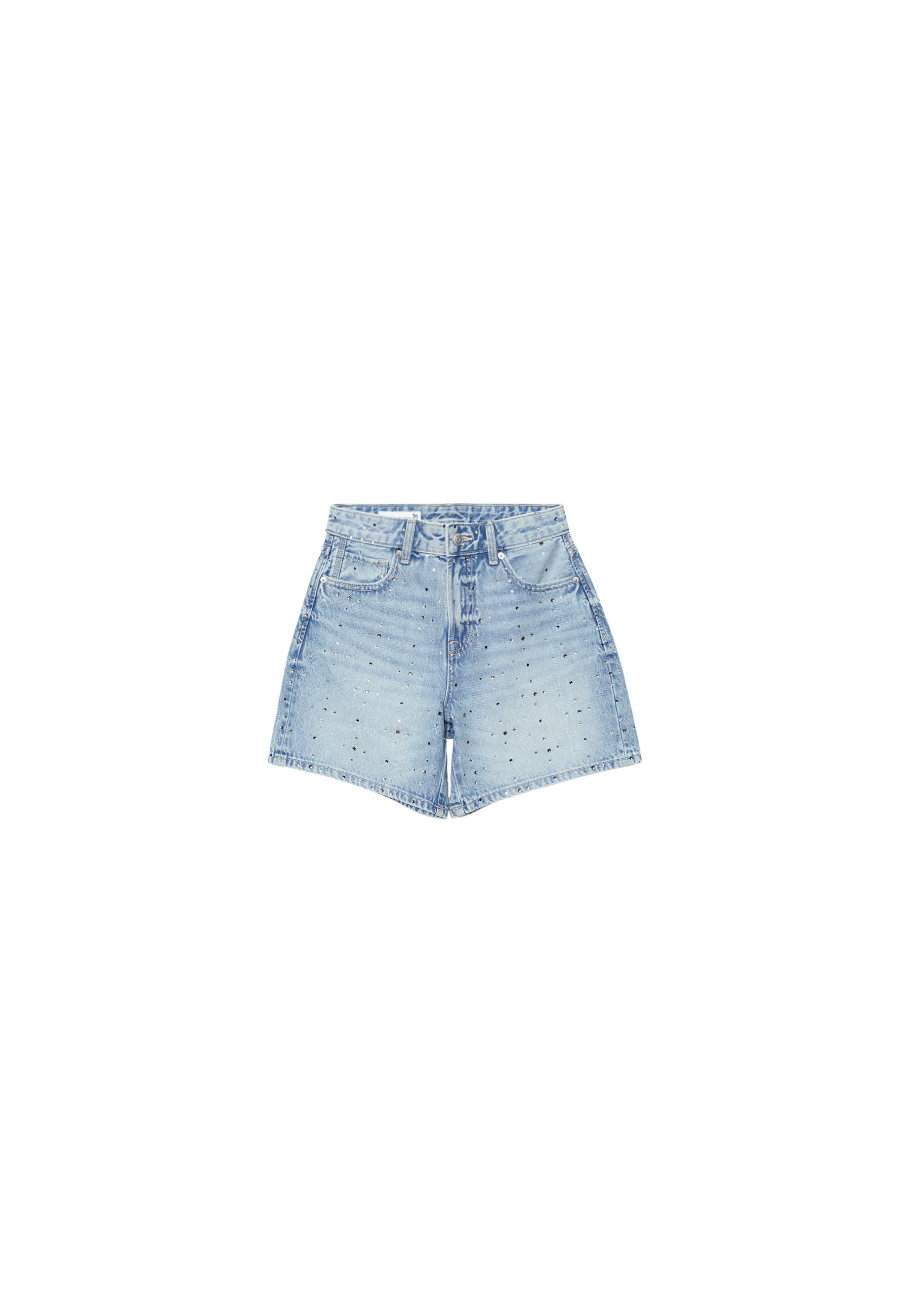 Denim Bermuda shorts with rhinestones — MEDIUM LIGHT BLUE DENIM