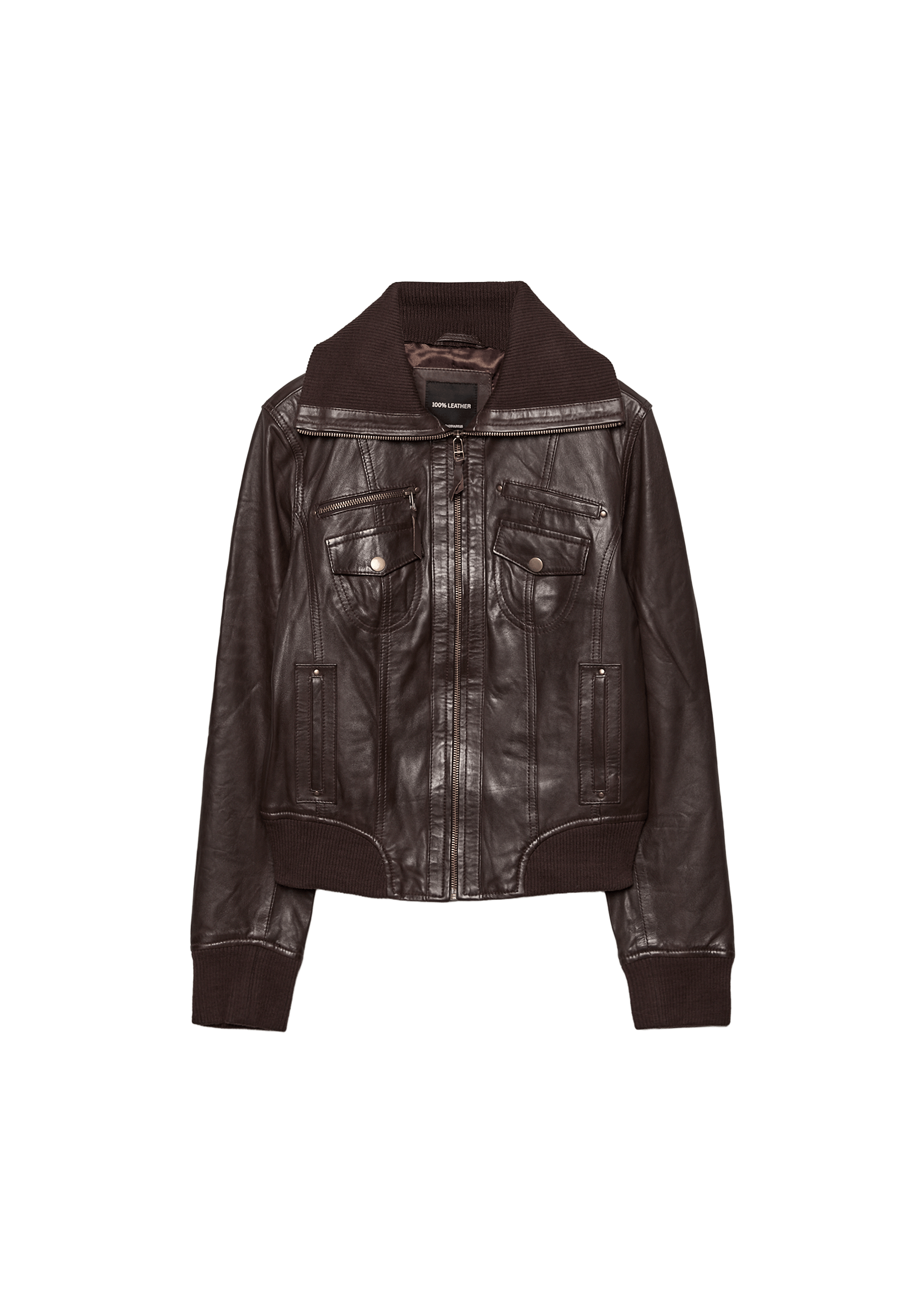 Ribbed Combined Leather Jacket — Brown