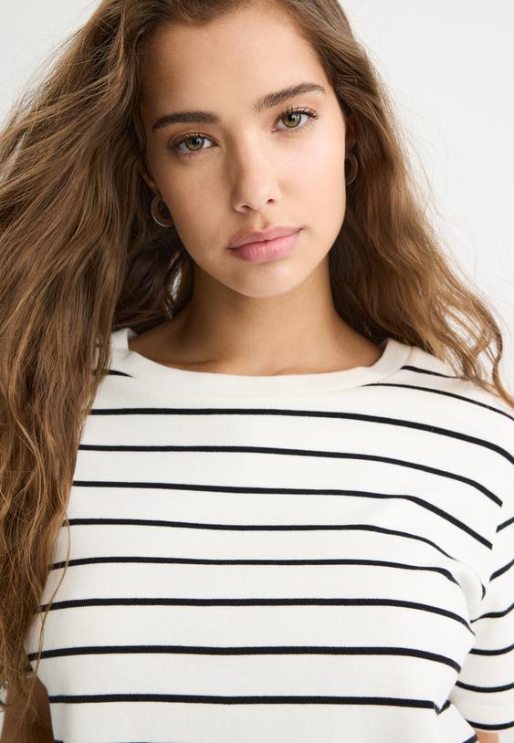 Stradivarius T-Shirt Basique Regular Fit Heavy Weight Rayures Écru Xl