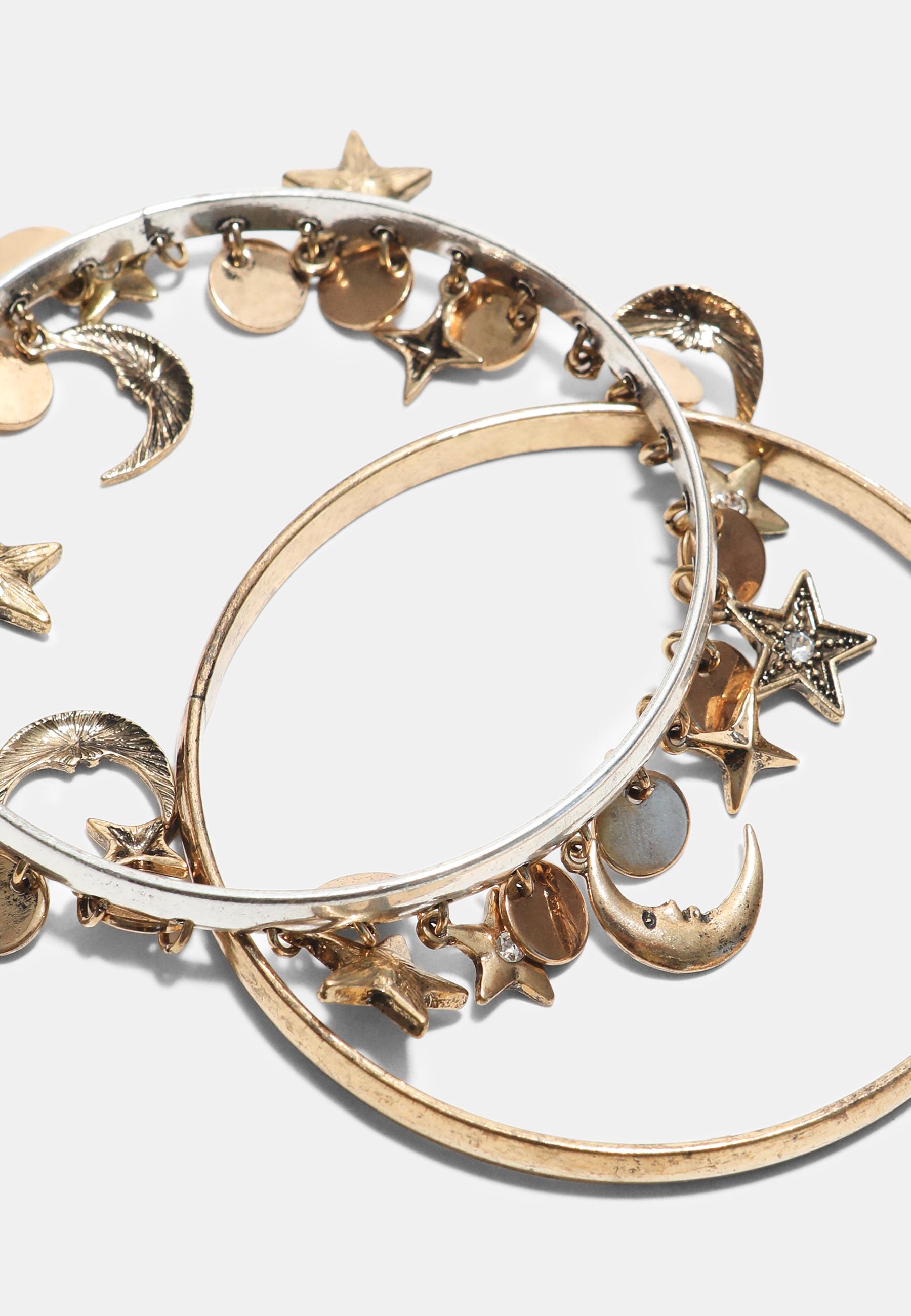 Set of 2 moon and star multi-charm bracelets — Gold