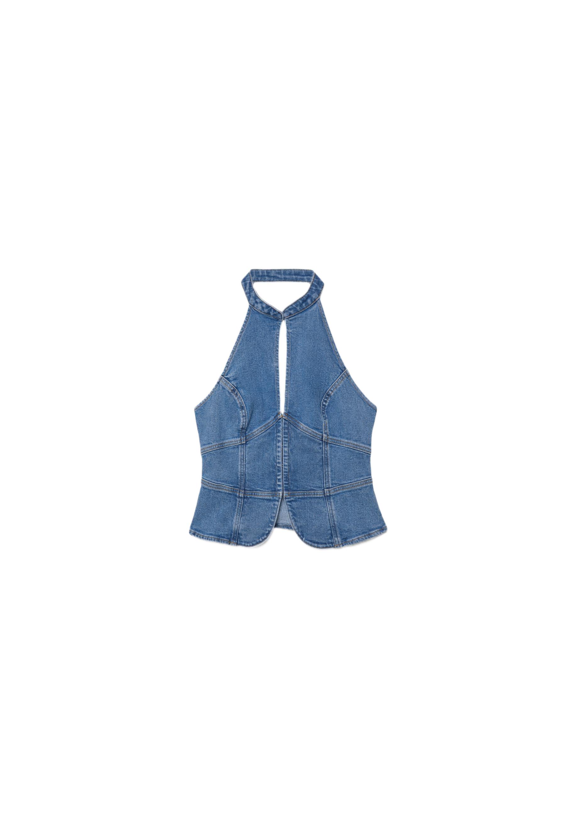 Qipao halter denim top — MEDIUM LIGHT BLUE DENIM