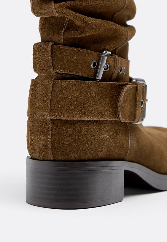 flat leather buckle ankle boots