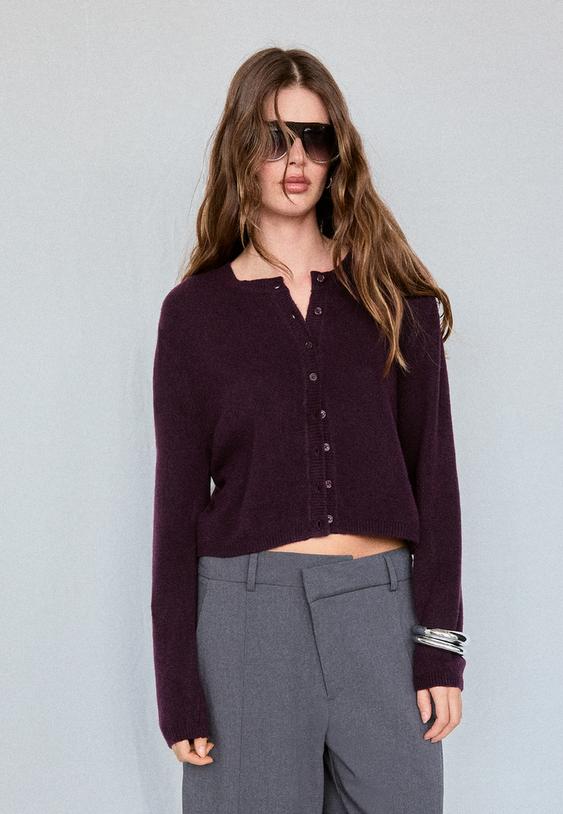 Stradivarius Soft-Touch Button-Up Knit Cardigan Purple M