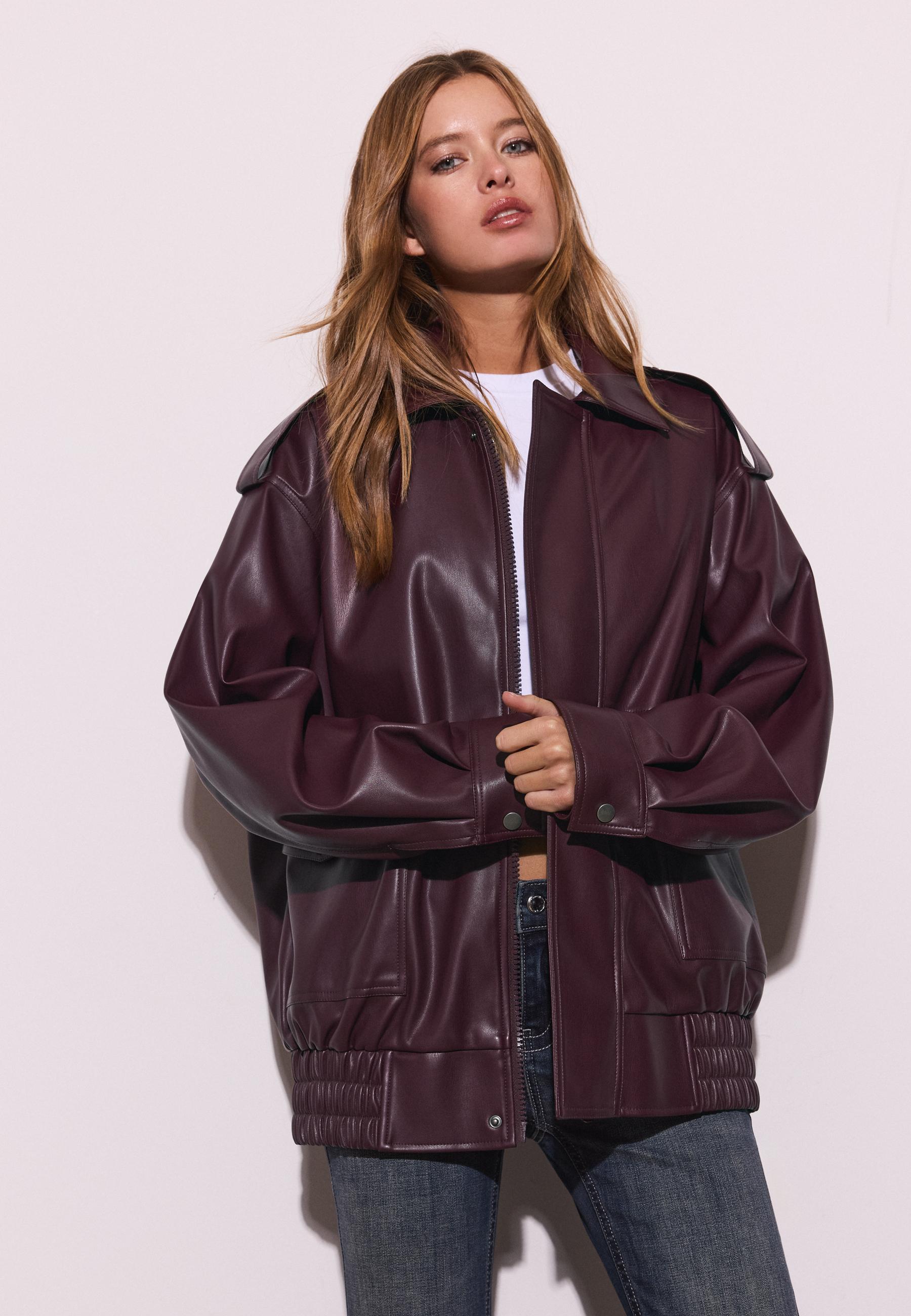 Oversize leather effect biker jacket — Burgundy