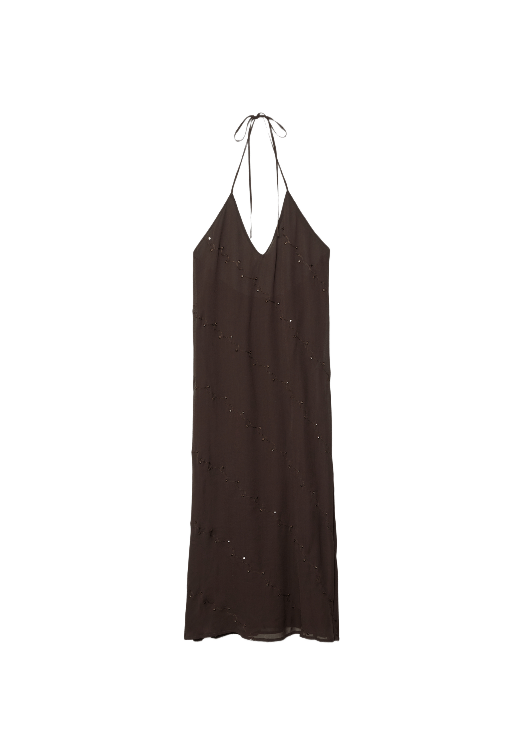 Long halter embroidered dress — Brown