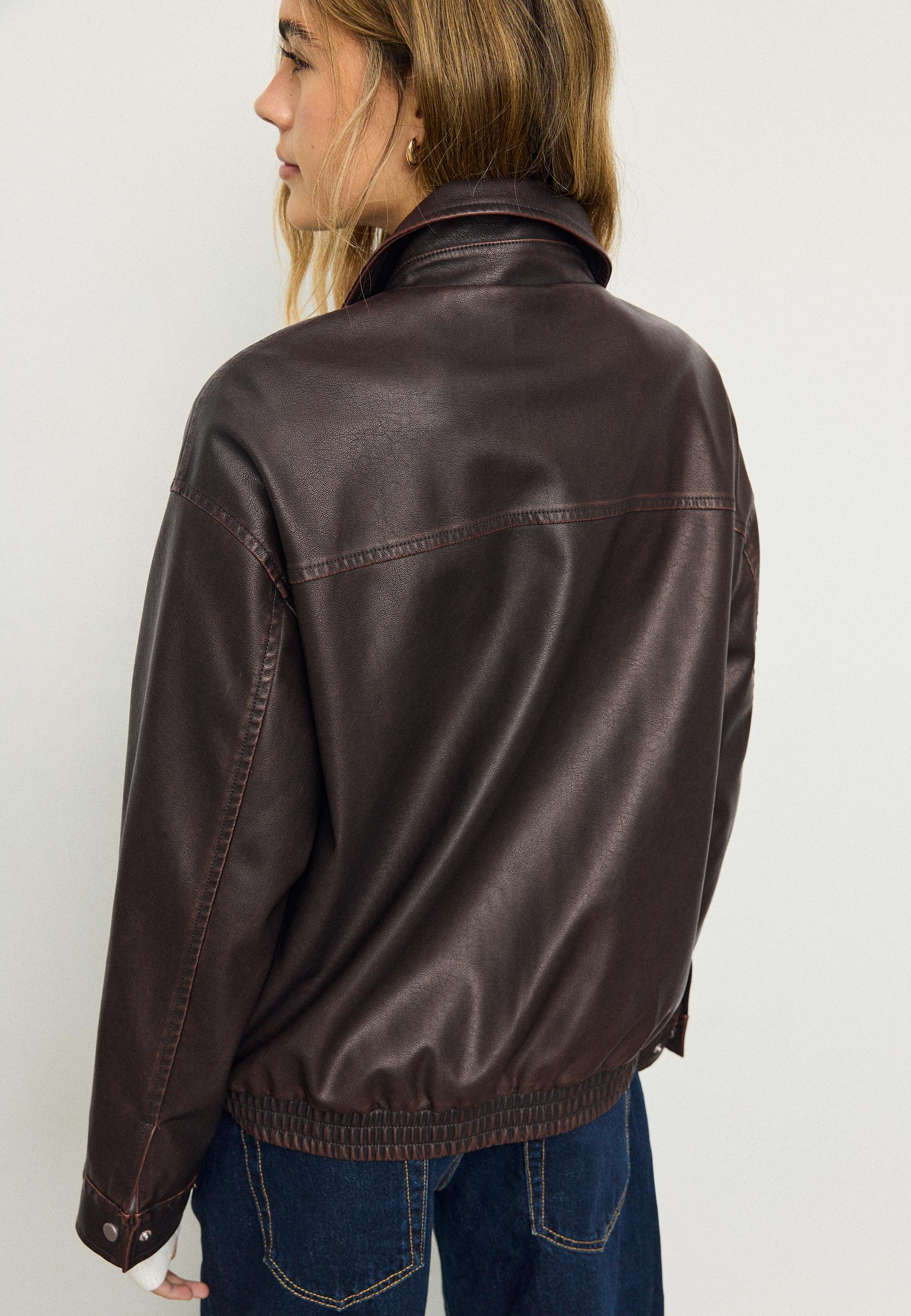 Washed leather effect oversize jacket — Brown