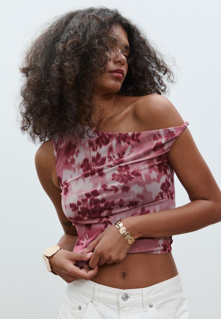 camisola assimetrica tule estampada