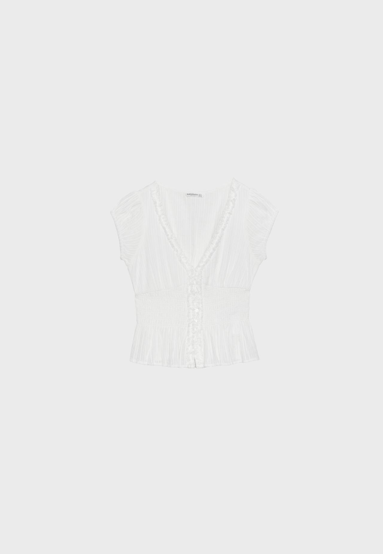 Short sleeve shirred shirt — White