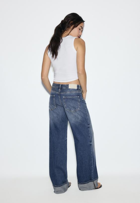 Stradivarius D91 Jean Low Wide Leg Denim Bleu Moyen Délavé 32