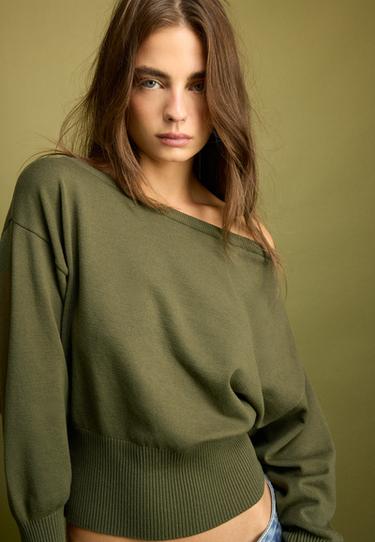 Asymmetric ribbed hem knit jumper — Khaki 4