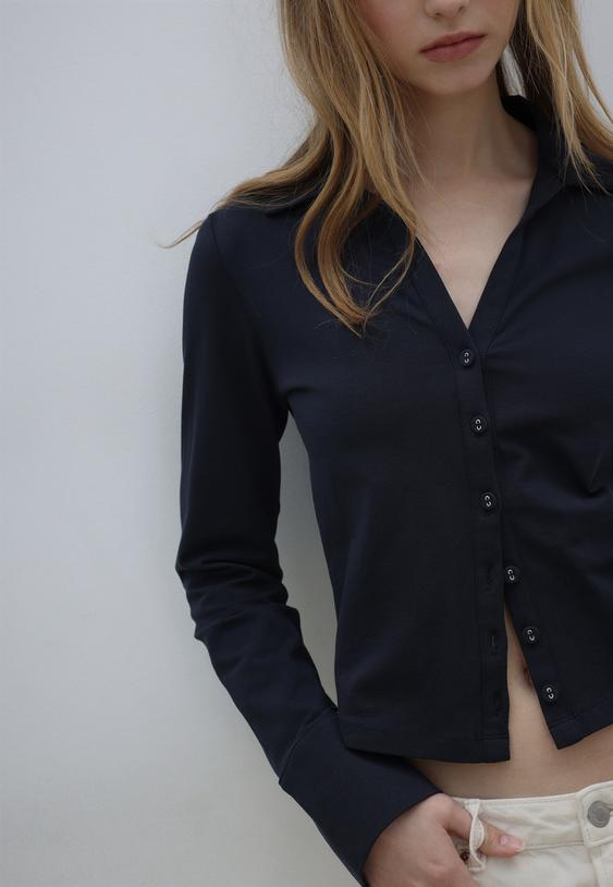 Stradivarius Knit Button-Up Shirt Navy Blue S