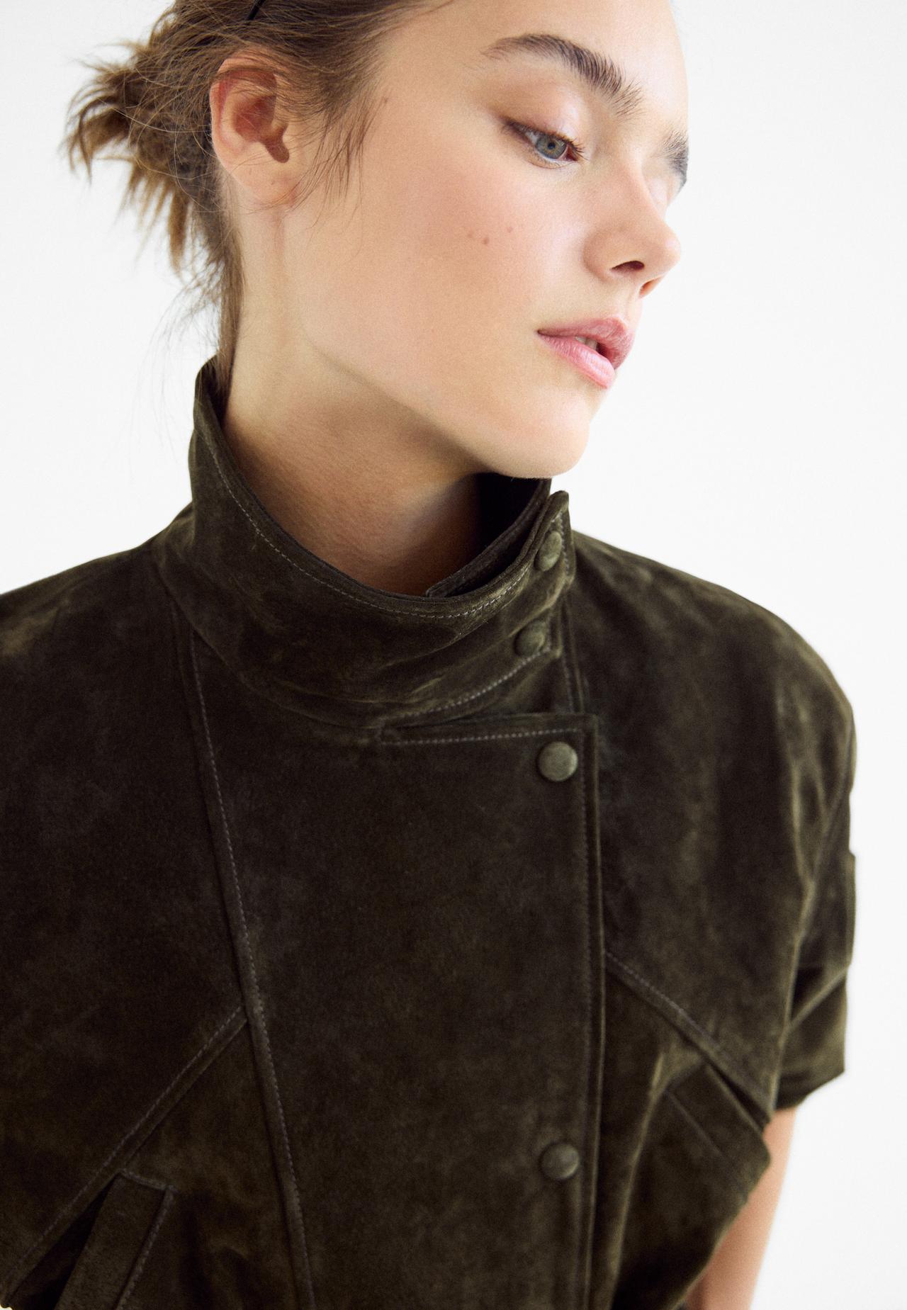 100% leather high neck trench coat with belt — Green