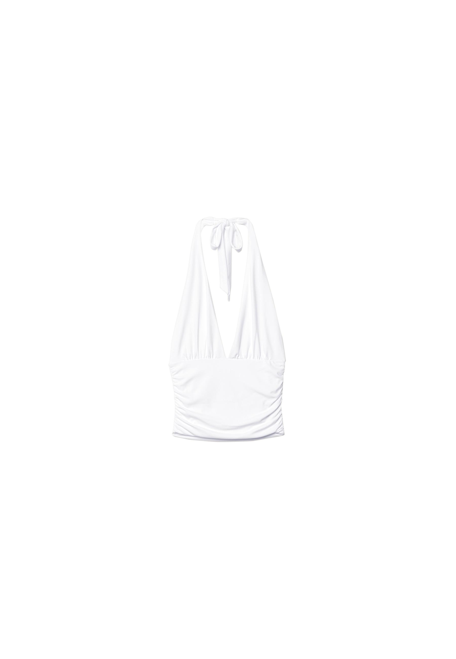 Ruched halter top with neck tie — Ecru