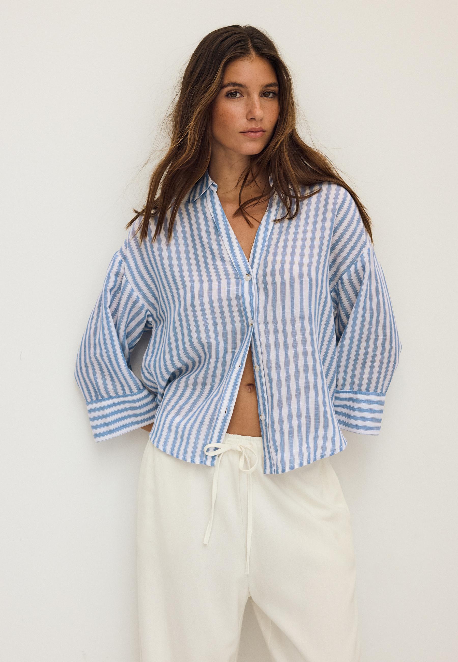Linen-effect kimono sleeve shirt — Navy blue