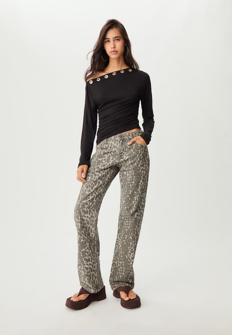 Stradivarius Asymetrické Tričko S Očky Black L