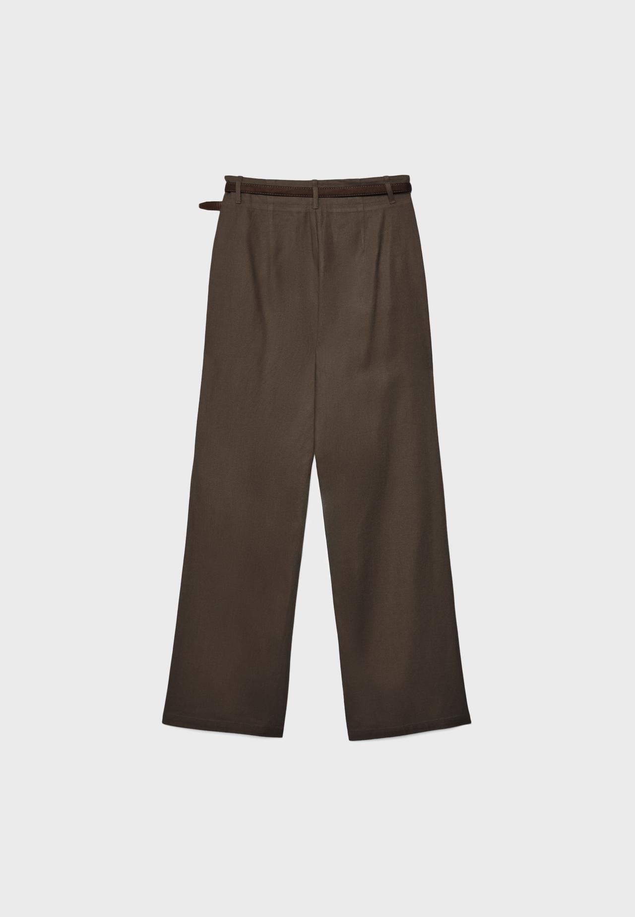 Straight-leg linen-effect trousers with belt — Brown