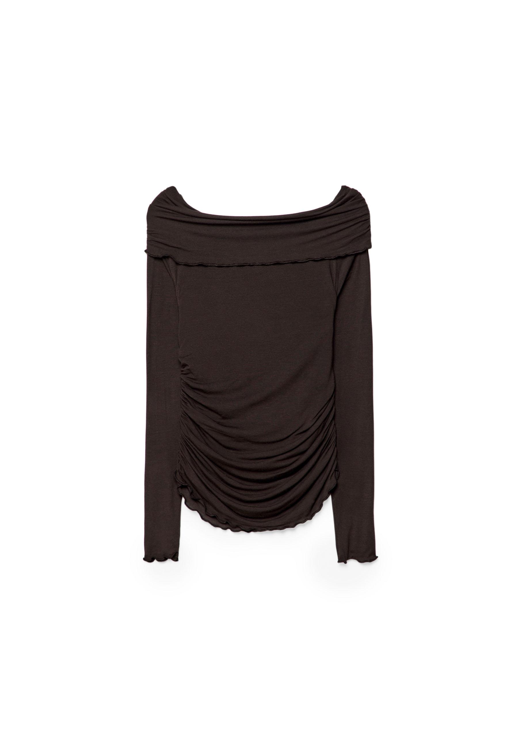 Gathered Off-the-Shoulder T-Shirt — Brown