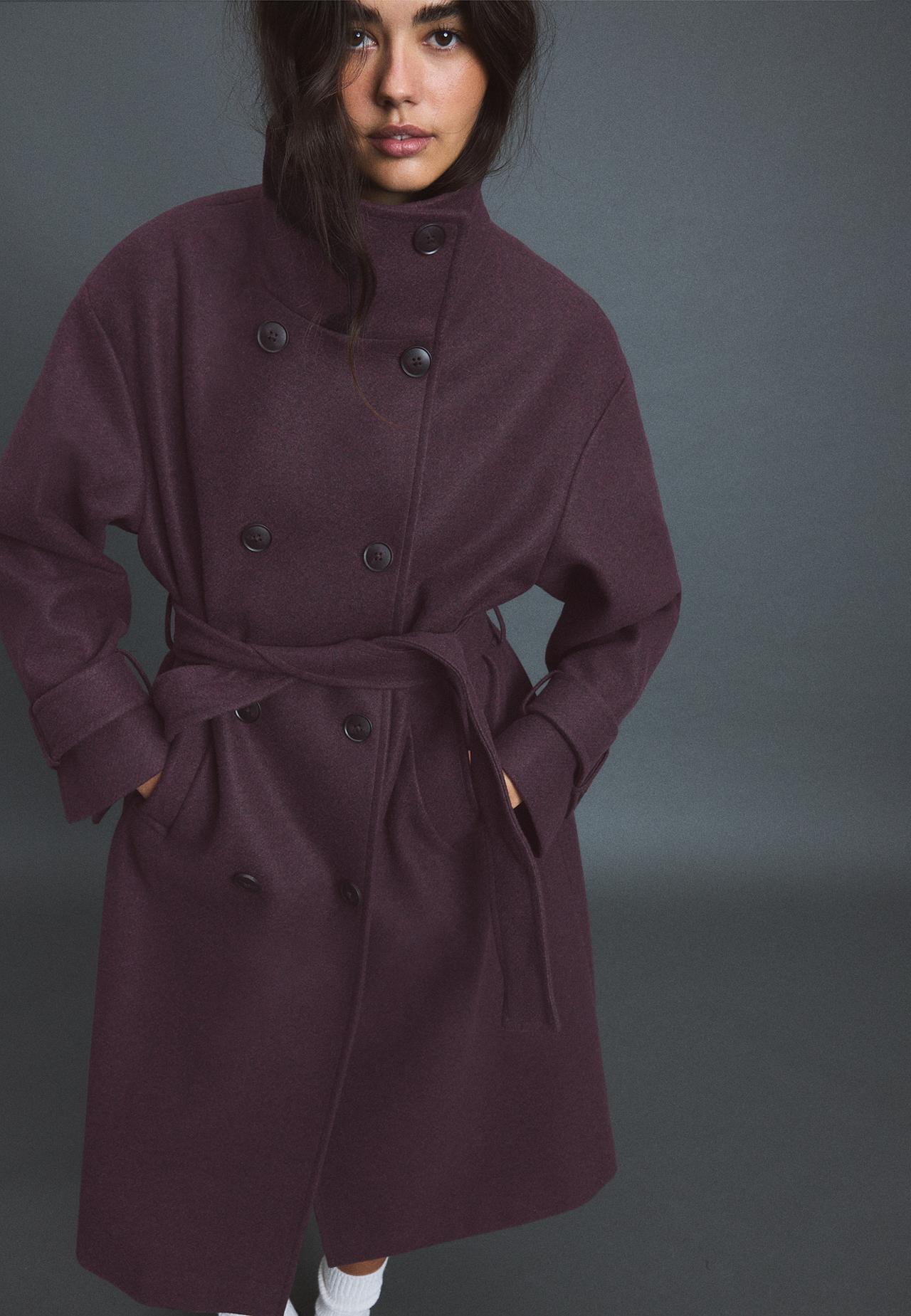 Soft-touch high neck long coat — Purple