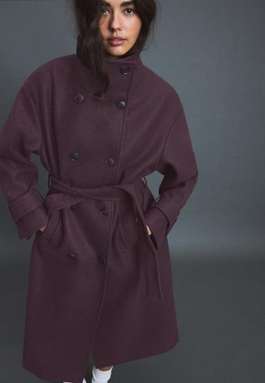 Soft-touch high neck long coat — Purple 1