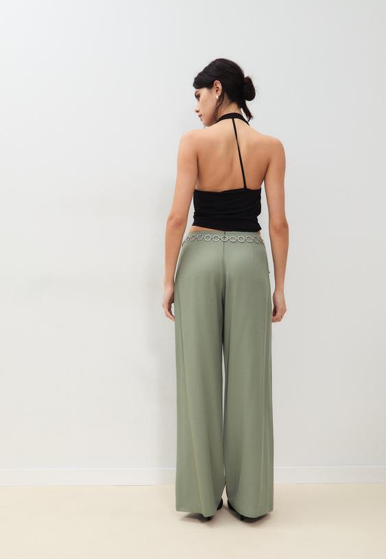 Stradivarius Satin Darted Trousers With Chain Belt Khaki 14