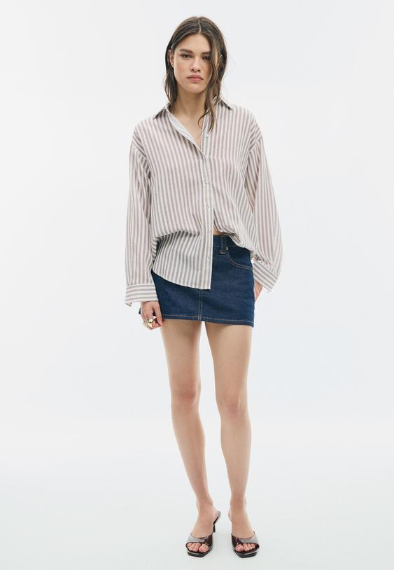 Stradivarius Chemise Effet Lin Marron Xl