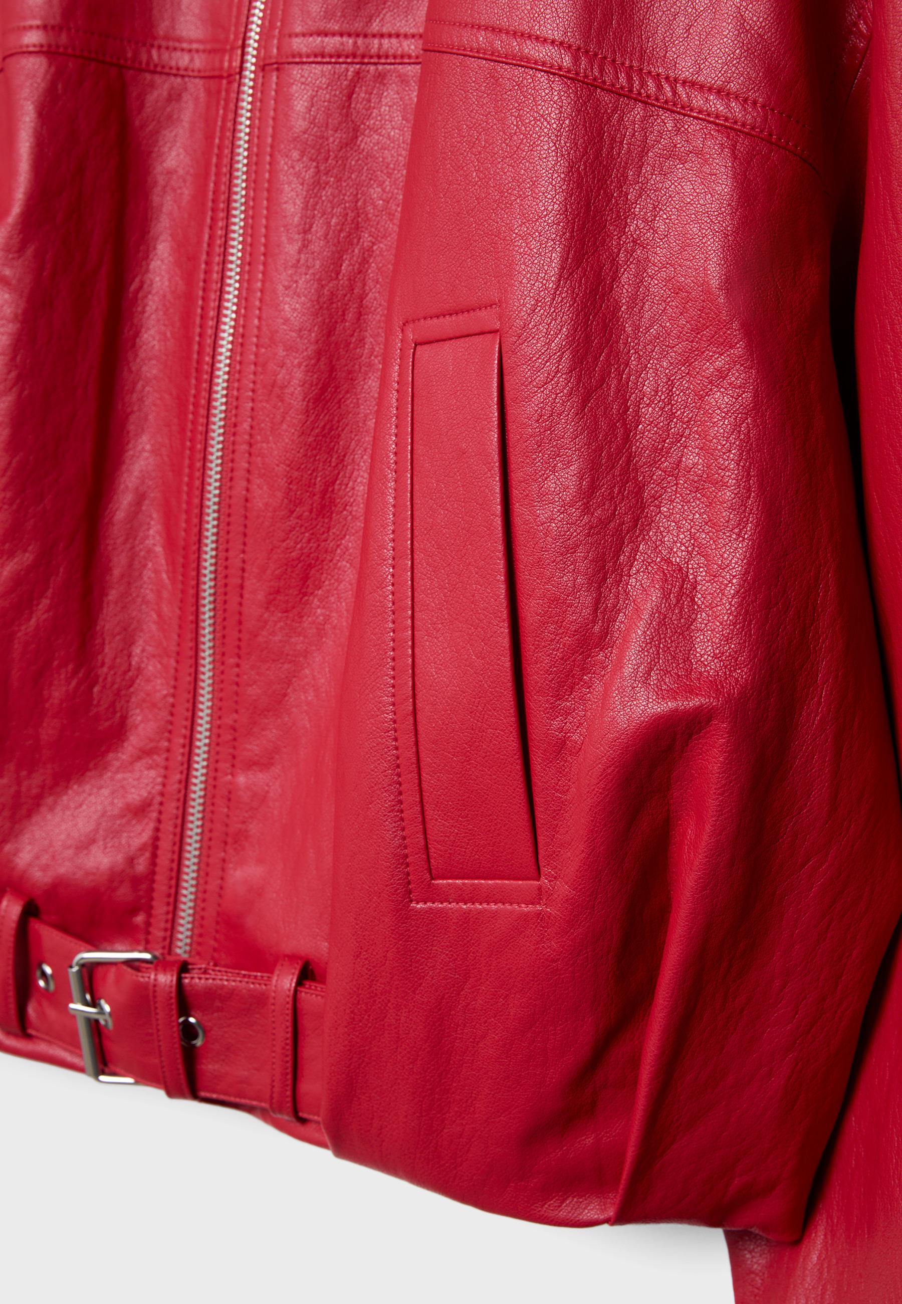 Leather effect balloon jacket with belt detail — Red
