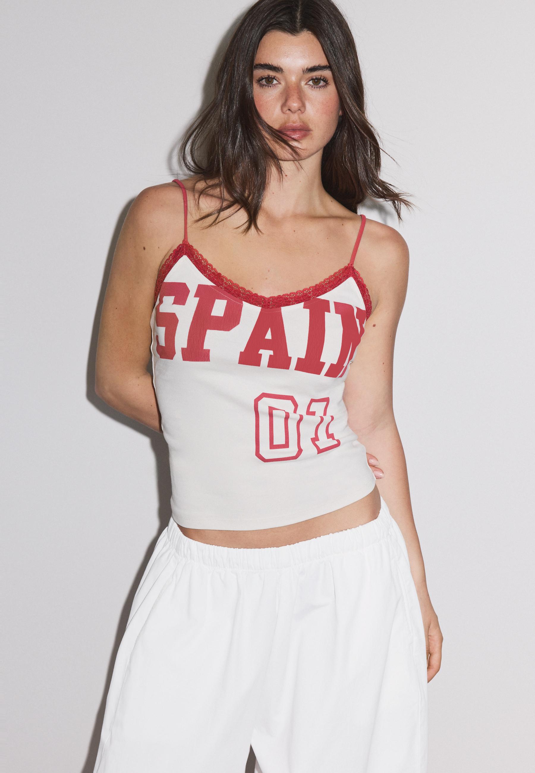 Printed lace trim strappy top — White