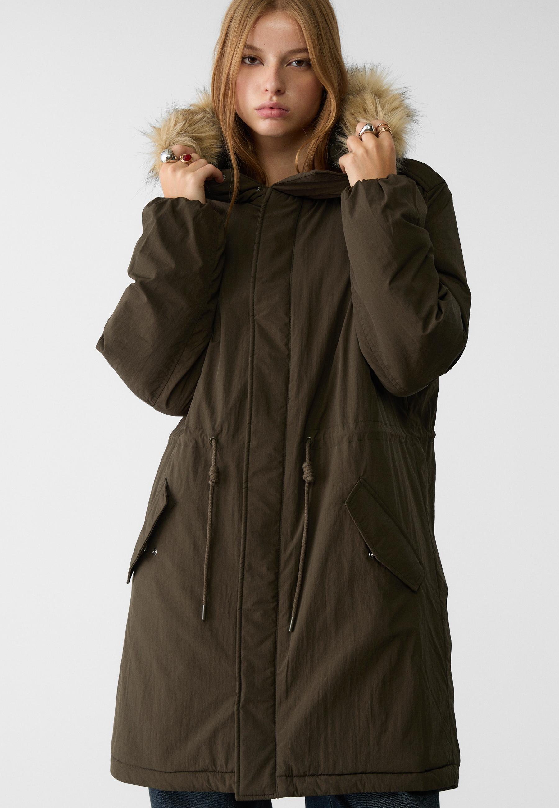 Stradivarius parka jacket with fur hood on sale