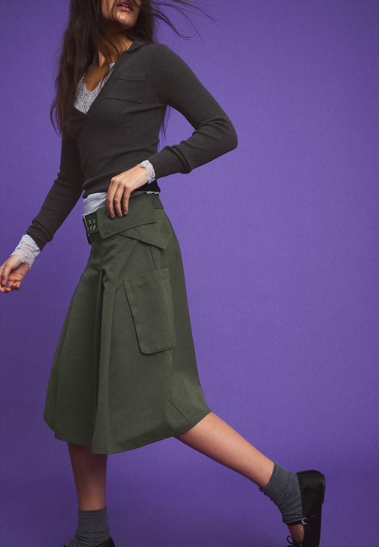 Utility pocket midi skirt — Khaki
