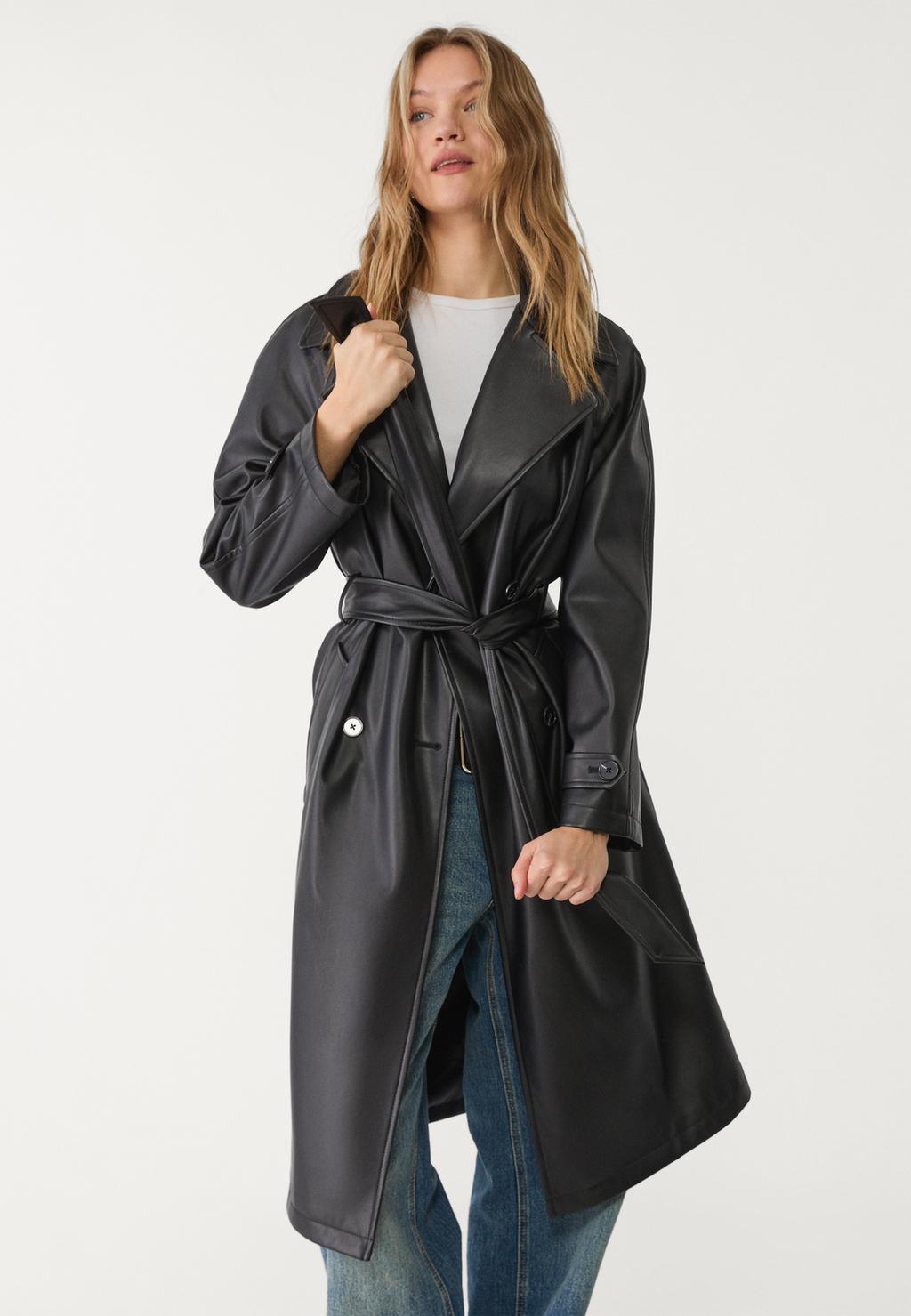 Long faux leather trench coat