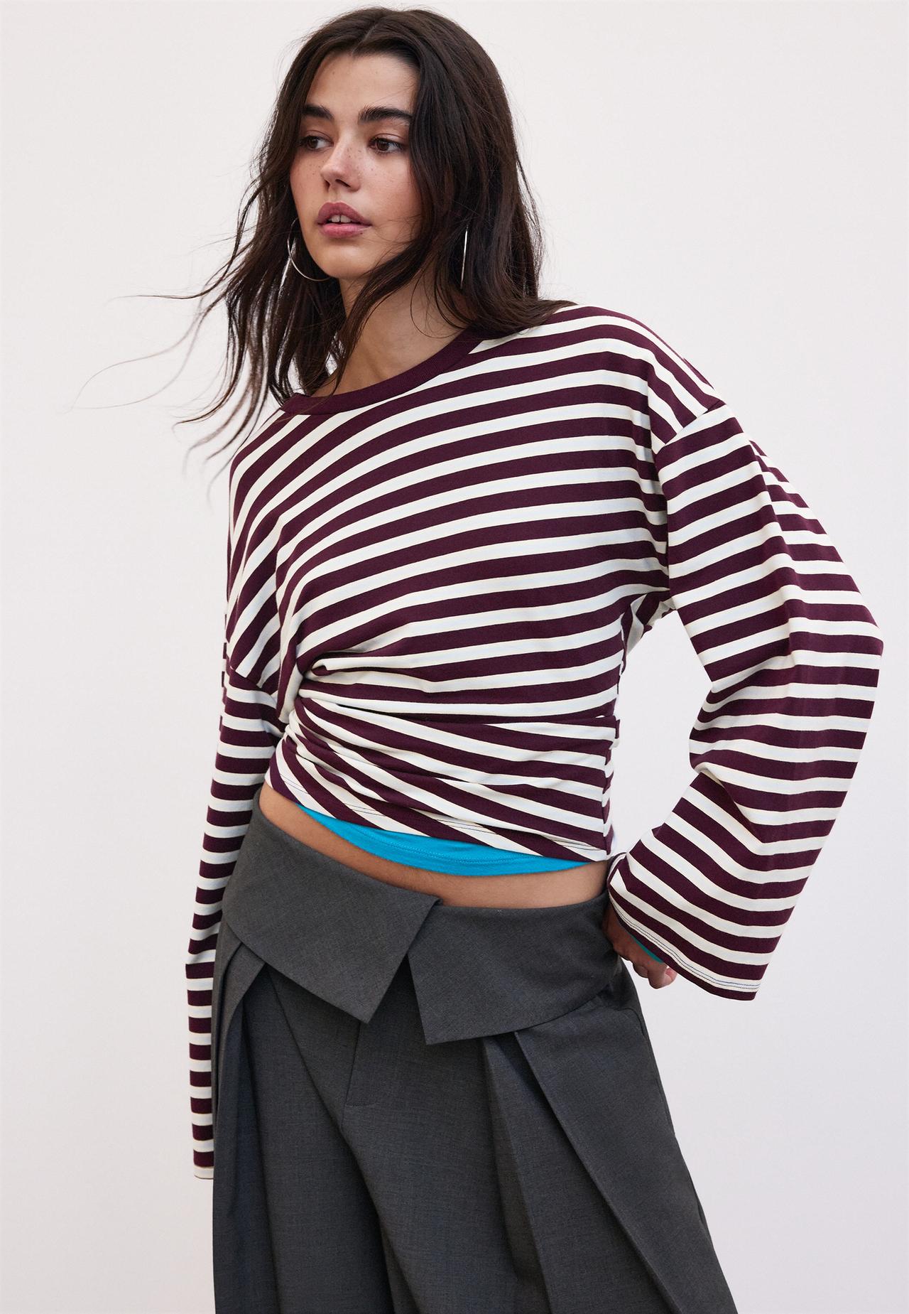 Striped long sleeve Japanese-style top — Dark purple