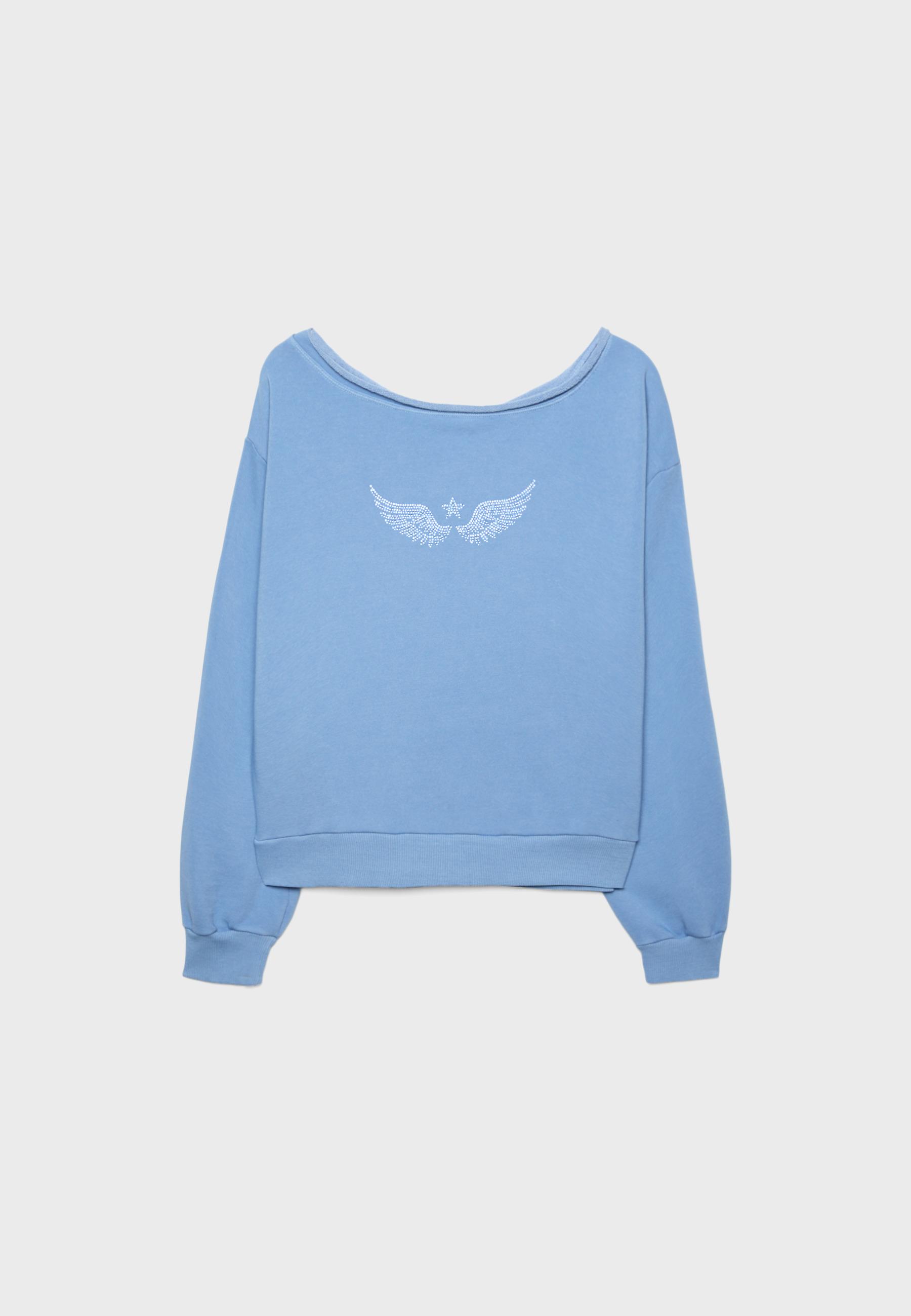 Boat neck sweatshirt with rhinestone wings — Sky blue