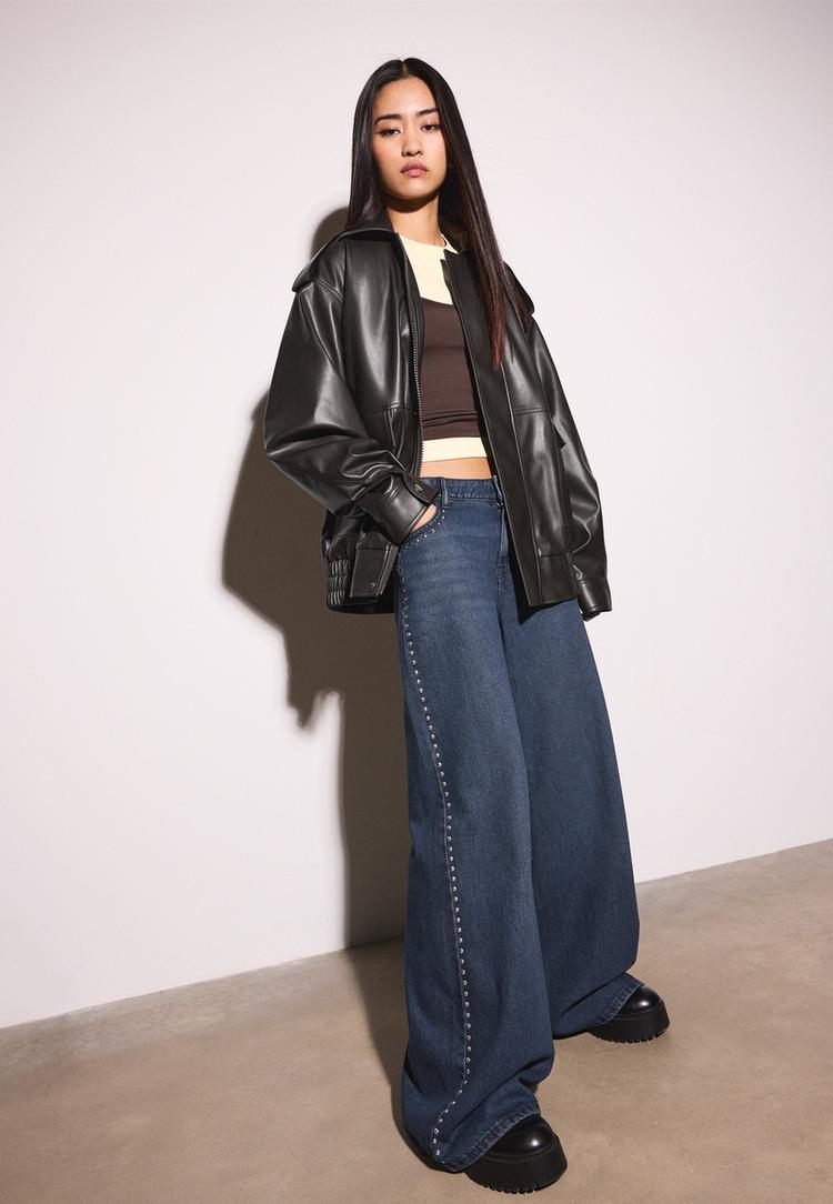 oversize suni deri biker ceket