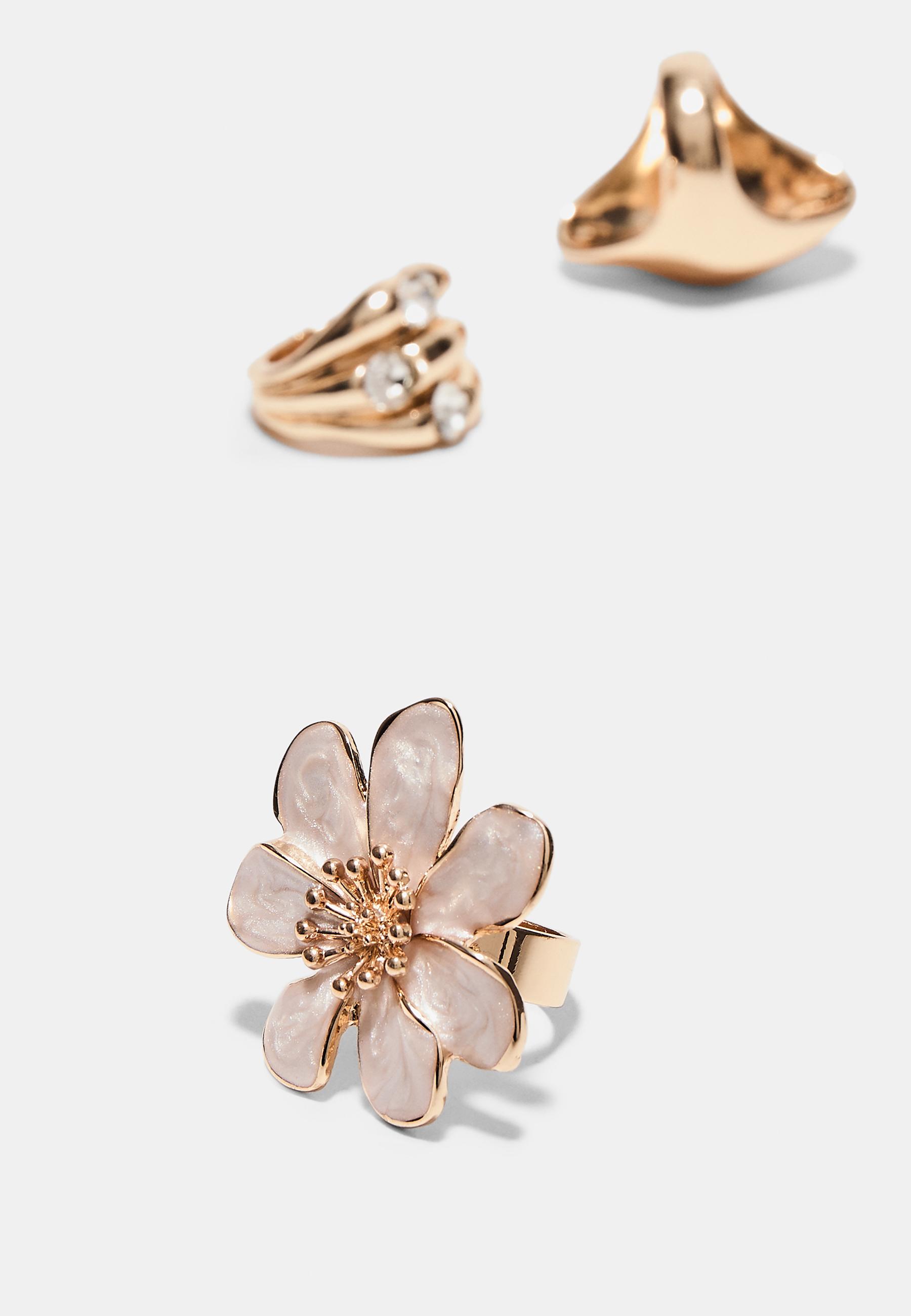 Set of 3 enamelled flower rings — Gold