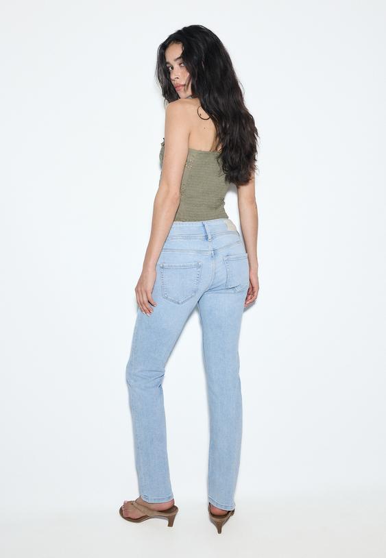 Stradivarius Blugi Slim Cu Talie Joasă Efect Prespălat Denim Albastru Mediu Deschis 32