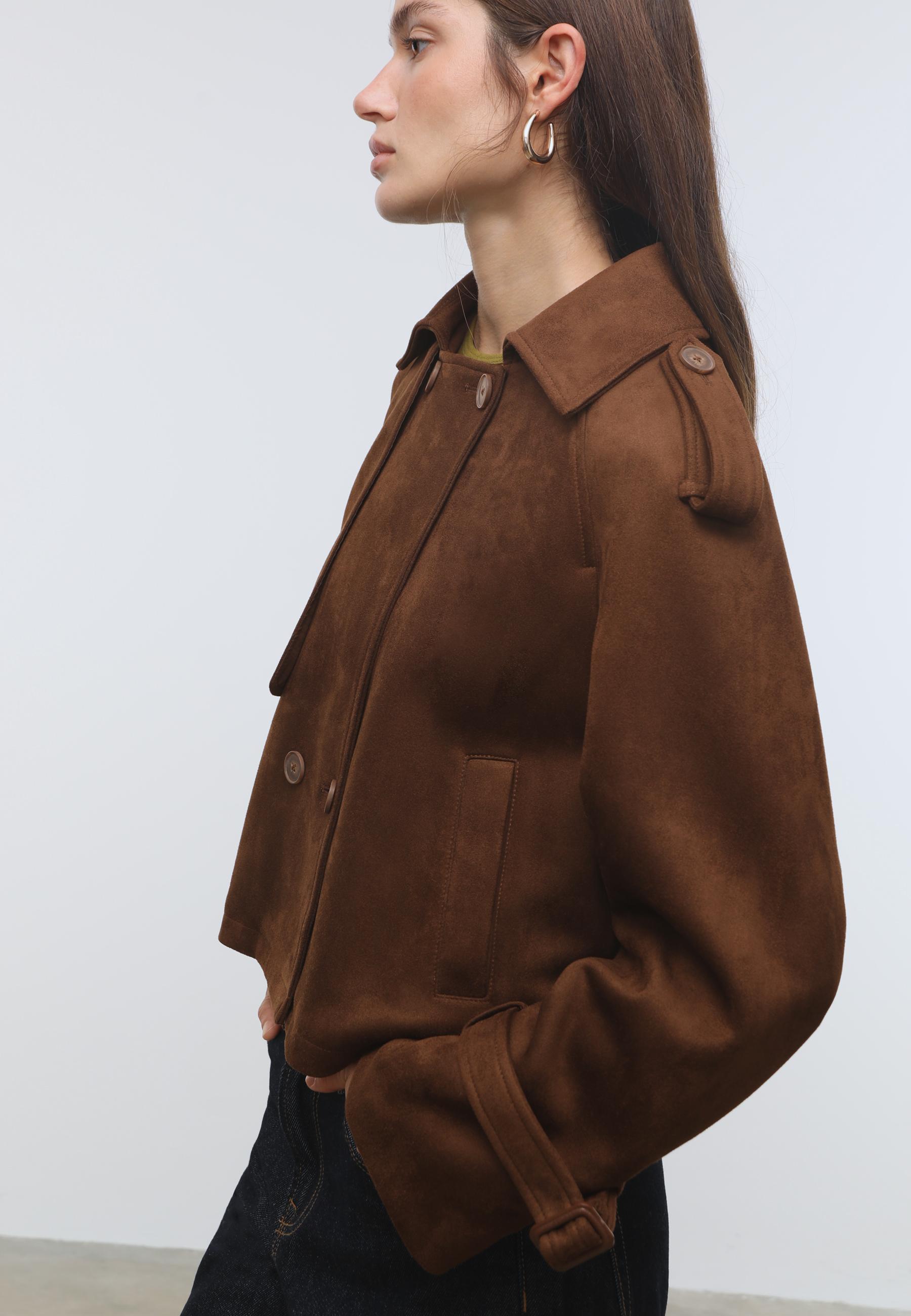 Short faux suede trench coat — Brown